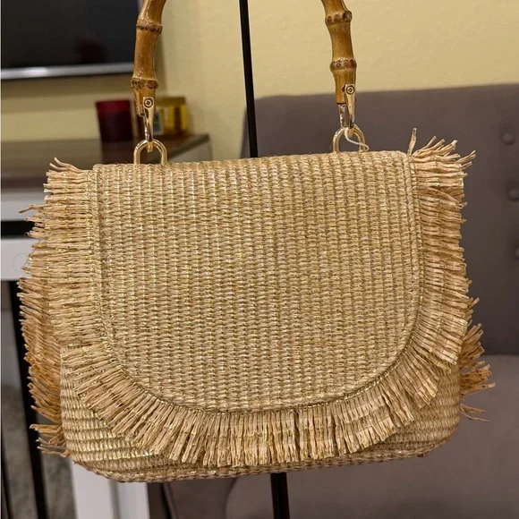 NWT Tommy Bahama Gold and Tan woven bag with Bamboo Handle & Crossbody Strap - Picture 4 of 16